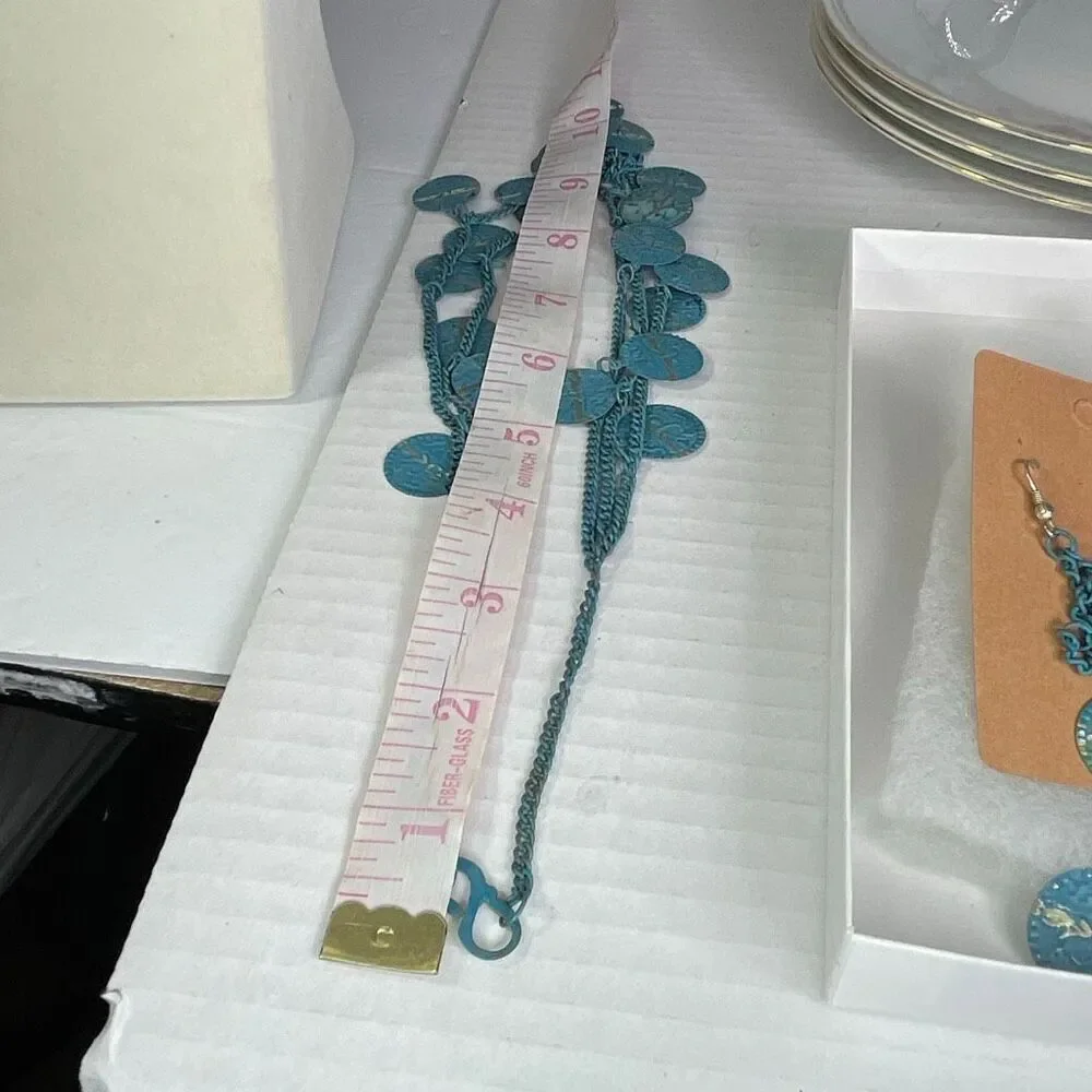 Boho 3 strand distressed metal coin necklace & long earrings